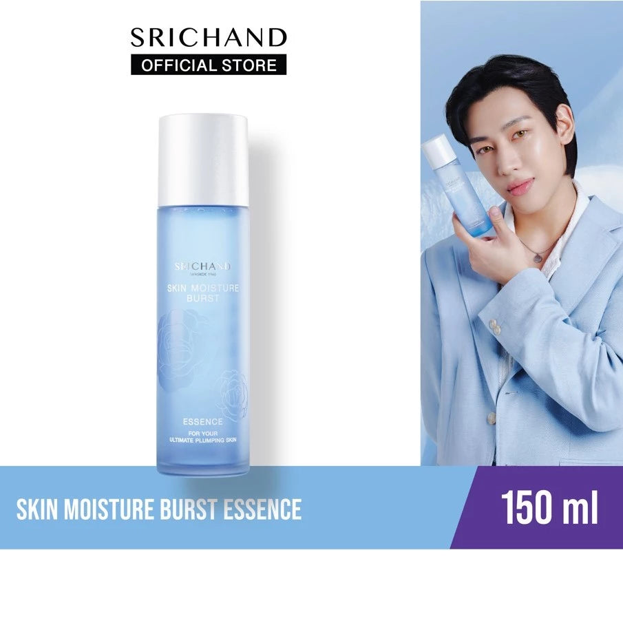 Woman patting Srichand Essence onto face for instant hydration glow before after results