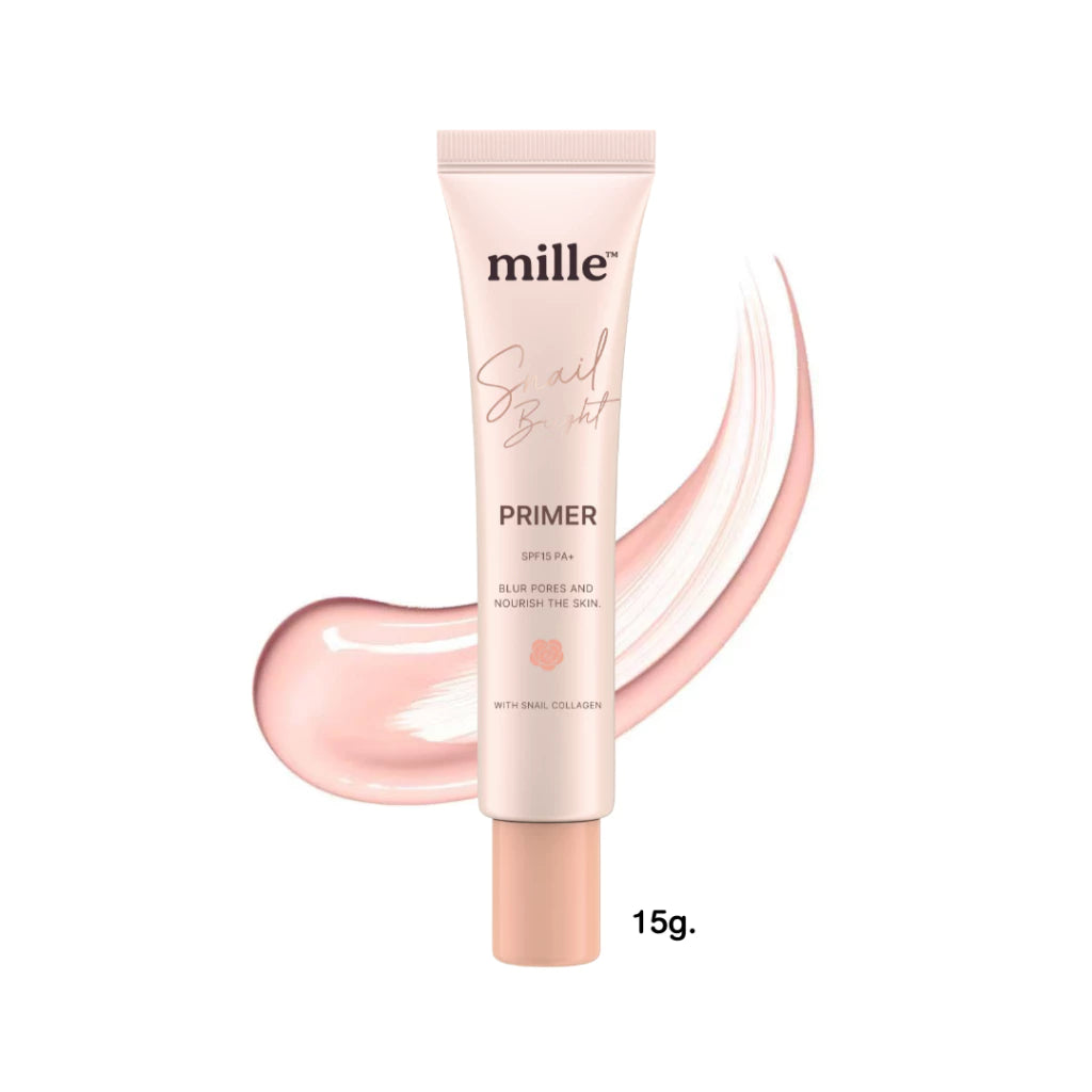 Mille Snail Bright Primer SPF15 PA+ 30ml tube packaging Thailand pore-blurring makeup primer with Snail Secretion Filtrate botanical extracts