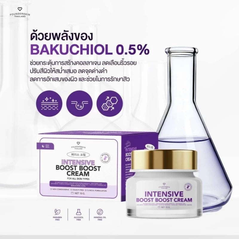 Close up of Founderskin Boost Boost Cream key actives tranexamic acid 6% alpha arbutin 2% bakuchiol and bifida ferment lysate 3%