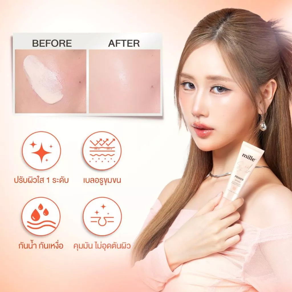 Mille Snail Bright Primer SPF15 PA+ 30ml tube packaging Thailand pore-blurring makeup primer with Snail Secretion Filtrate botanical extracts