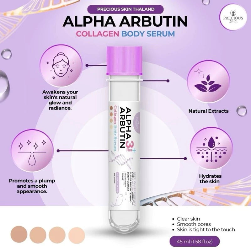 Woman applying Precious Alpha Arbutin 3+ serum demonstrating gentle massage technique for intensive brightening and collagen-boosting benefits