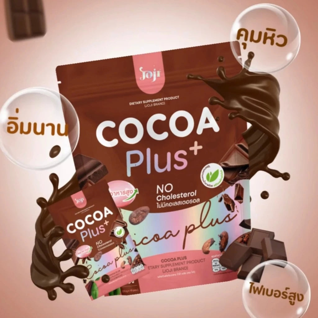 Person preparing JOJI COCOA PLUS+ demonstrating easy dissolve technique in hot water for instant fiber-rich cocoa beverage