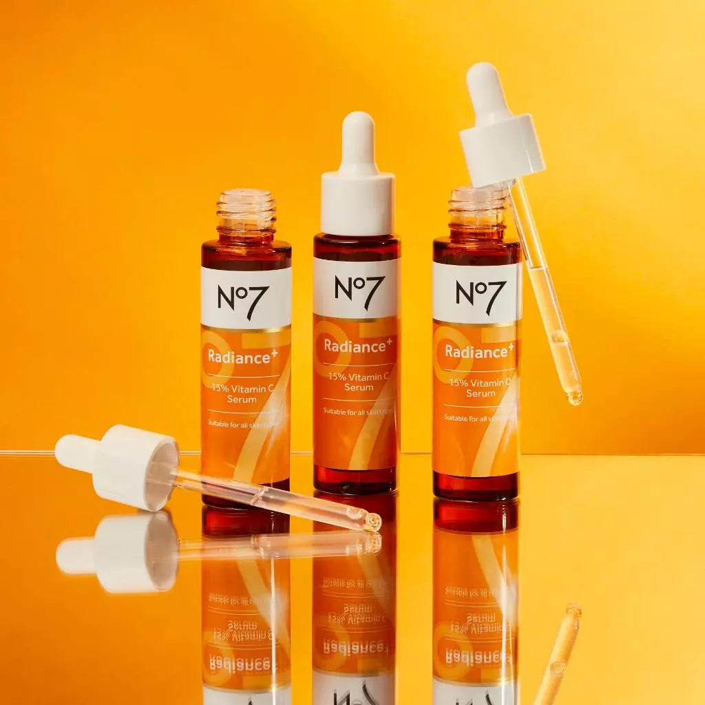 Woman applying No7 Radiance +15 Vitamin C Serum for bright radiant even-toned skin before after