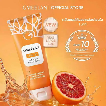 Woman applying GMEELAN Orange Enzyme Gel for smooth bright radiant glowing skin before after exfoliation results