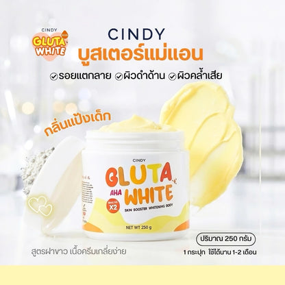 Woman applying Cindy Gluta White Body Cream for radiant smooth glowing skin before after stretch mark and dark spot results