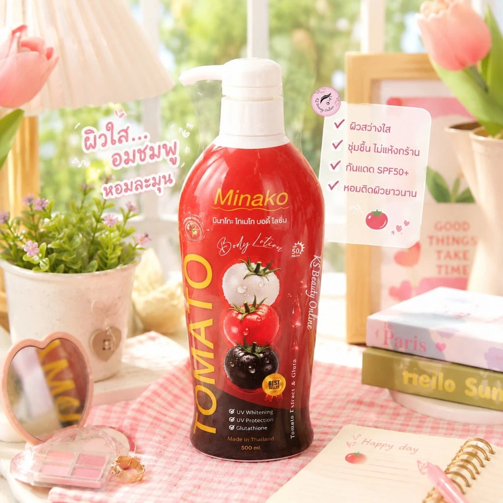 Woman applying Minako Tomato Gluta Body Lotion for brighter protected radiant body skin before after