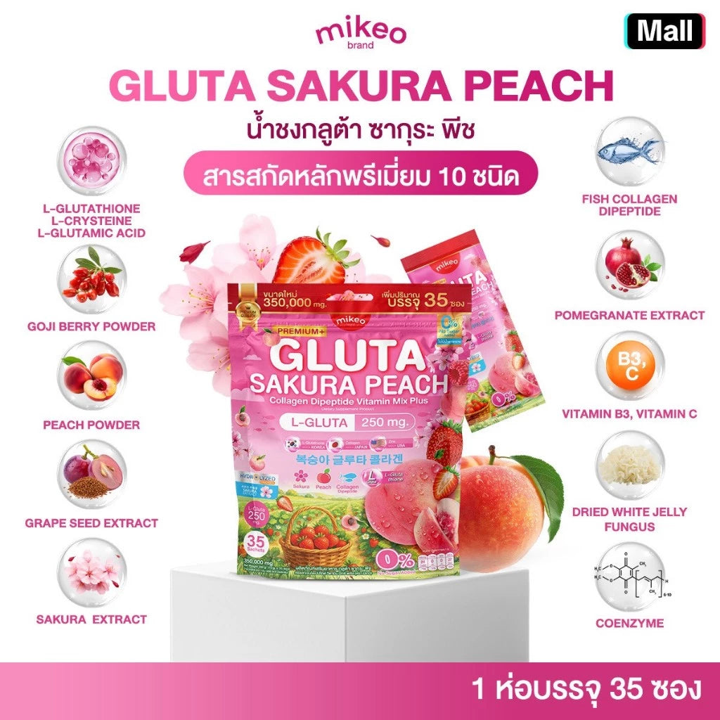 Woman drinking MIKEO GLUTA SAKURA PEACH for radiant firm glowing skin before after results