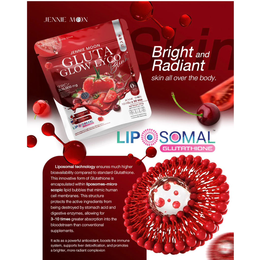 Thai FDA registered Jennie Moon Gluta Glow Lyco Blink for dullness dark spots aging skin berry flavor