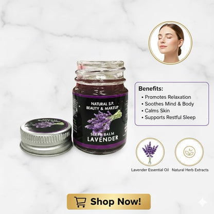 Natural SP Sleep Balm texture close-up creamy lavender essential oil chamomile ylang-ylang natural beeswax formula