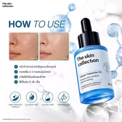 The Skin Collection Serum texture close-up lightweight fast-absorbing formula 3% Copper Tripeptide-3 Hyaluronic Acid