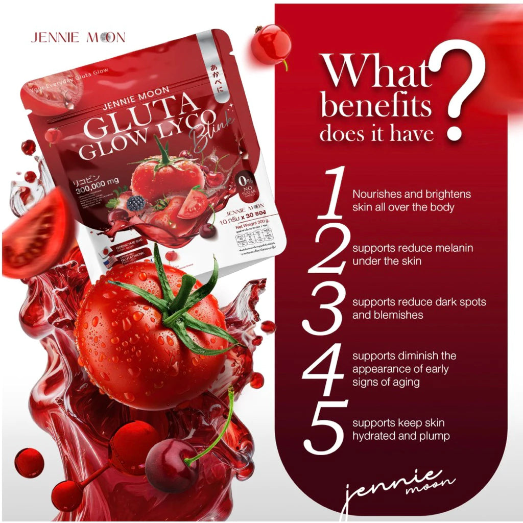 Woman drinking Jennie Moon Gluta Glow Lyco Blink for brighter glowing radiant skin from within