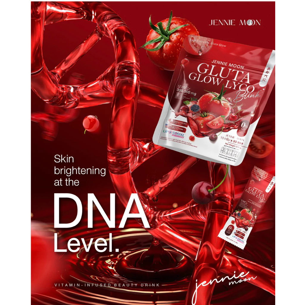 Woman drinking Jennie Moon Gluta Glow Lyco Blink for brighter glowing radiant skin from within