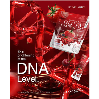 Woman drinking Jennie Moon Gluta Glow Lyco Blink for brighter glowing radiant skin from within