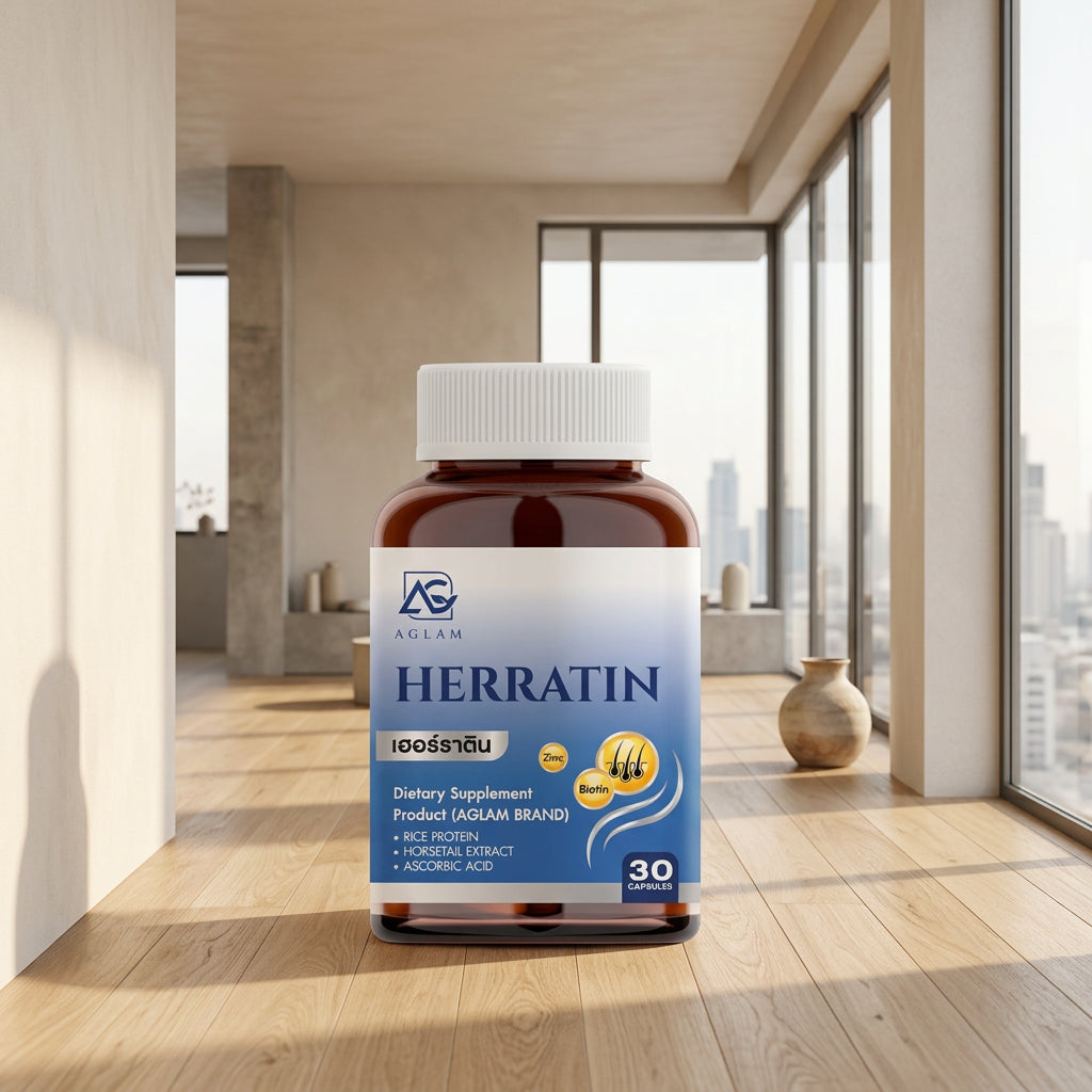 AGLAM HERRATIN 1000 mg 30 capsules bottle packaging Thailand anti-hair loss dietary supplement with Biotin and Horsetail Extract