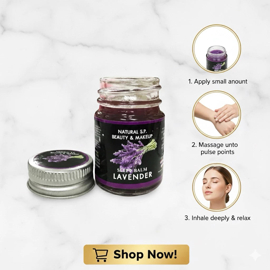 Woman applying Natural SP Sleep Balm to temples and wrists before bed for calm restful sleep