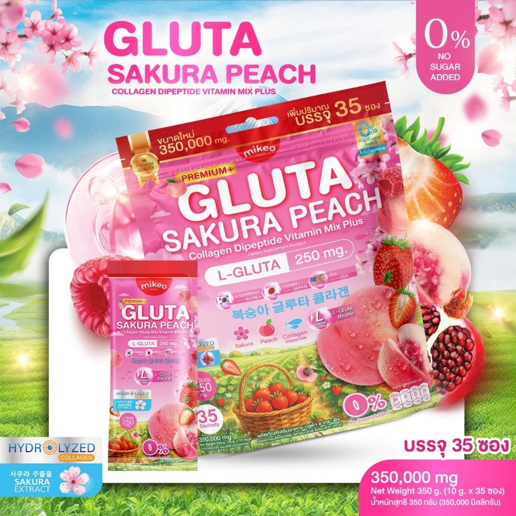 MIKEO GLUTA SAKURA PEACH sachet packaging Thailand collagen glutathione beauty supplement drink with peach flavor sakura extract