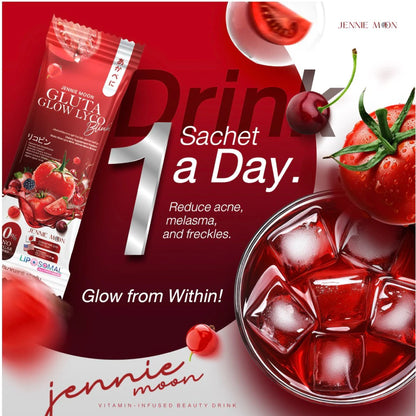 Jennie Moon Gluta Glow Lyco Blink sachet close-up glutathione lycopene vitamin C collagen formula
