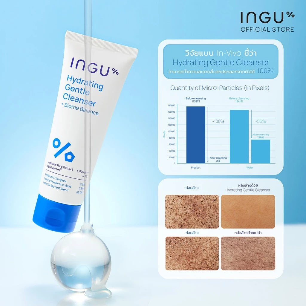 INGU Hydrating Gentle Cleanser Biome Balance 100ml tube packaging Thailand gentle facial cleanser with Jasmine Rice Extract PENTAVITIN Prebiotic Complex